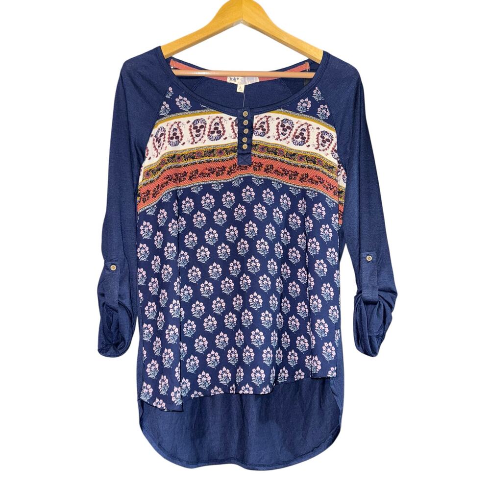NWT Jolt Top Women's Size Large‎ Boho Hippie Paisley 3/4 Roll Tab Sleeves Blue